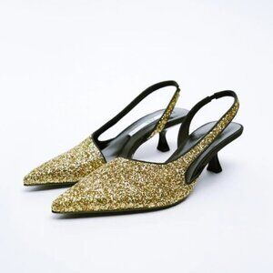 NWT Zara gold glitter slingback kitten heel pointed toe shoes, US7.5 / EU38